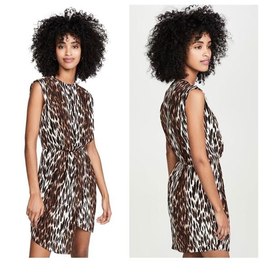 L’Agence Cipriana 100% Silk Asymmetrical Mini Dress Womnes 2 Brown Leopard Print